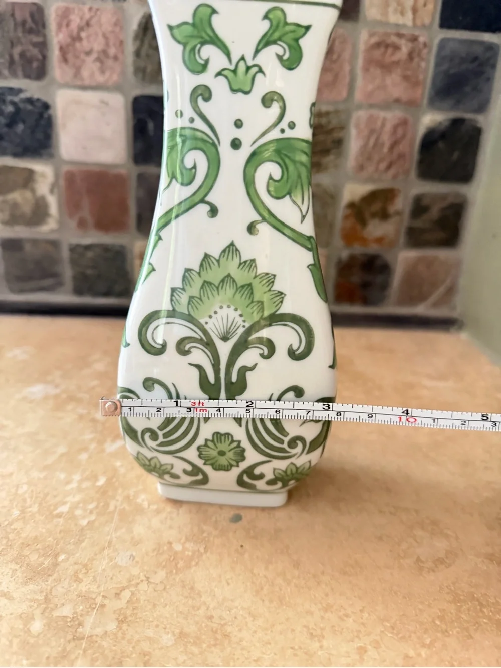 Green and White Floral Chinoiserie Ceramic Vase